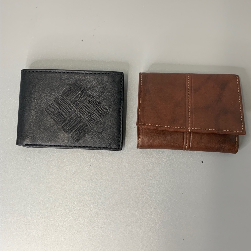 Columbia bi Slim Black Leather, Wilsons tri Brown Leather lot of 2 Wallets
